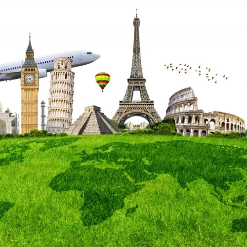 Montagem digital de monumentos mundiais famosos como a Torre Eiffel, Coliseu e Big Ben, posicionados sobre um campo de grama verde que forma o desenho do mapa-múndi.